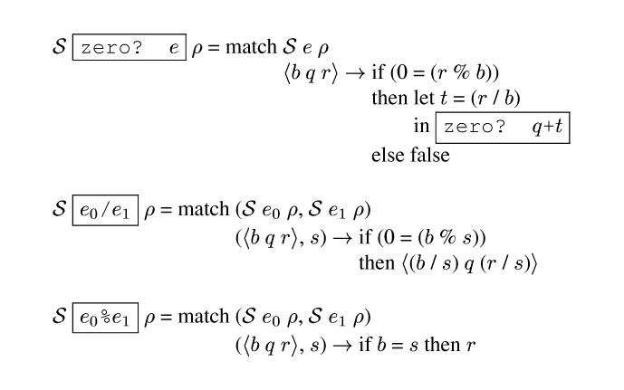 {ml {Spec} {frame-box {c zero? {e}}} {rho} = match {tab-stop}{Spec} {e} {rho}
{tab}{angle {b} {m q} {r}} {evalsto} {tab-stop}if (0 = ({r} % {b}))
{tab}{tab}then {tab-stop}let {tab-stop}{m t} = ({r} / {b})
{tab}{tab}{tab}in {frame-box {c zero? {m q}+{m t}}}
{tab}{tab}else false
{Spec} {frame-box {c {e0}/{e1}}} {rho} = match {tab-stop}({Spec} {e0} {rho}, {Spec} {e1} {rho})
{tab}({angle {m b} {m q} {m r}}, {m s}) {evalsto} {tab-stop}if (0 = ({m b} % {m s}))
{tab}{tab}then {angle ({m b} / {m s}) {m q} ({m r} / {m s})}
{Spec} {frame-box {c {e0}%{e1}}} {rho} = match {tab-stop}({Spec} {e0} {rho}, {Spec} {e1} {rho})
{tab}({angle {m b} {m q} {m r}}, {m s}) {evalsto} if {m b} = {m s} then {m r}
}